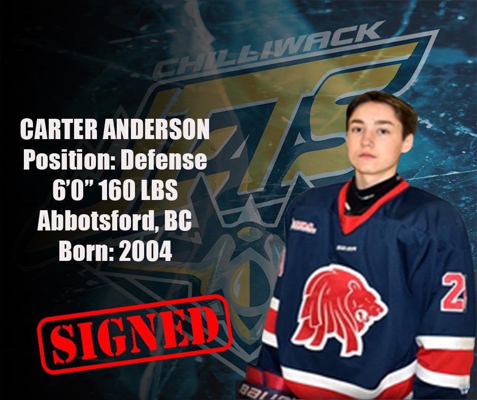 ChilliwackJets's tweet photo. Jets add another Fraser Valley boy to the roster, Carter Anderson.  We are excited to add Carter to our back end as he will bring mobility to our D score. Carter is an unbelievable skater with good vision on the ice.  We look forward to seeing Carter in a Jets uniform this Sept https://t.co/fyYku8N8Iw