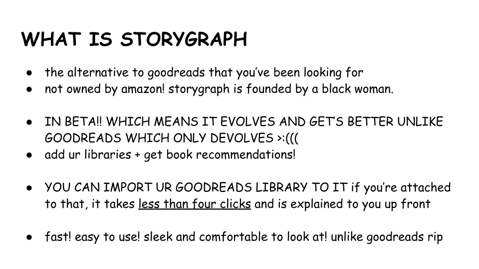 fairnells's tweet photo. please get storygraph i've had it for one day and i'm still losing my mind over how good it is @thestorygraph https://t.co/bmWoAXRGJU