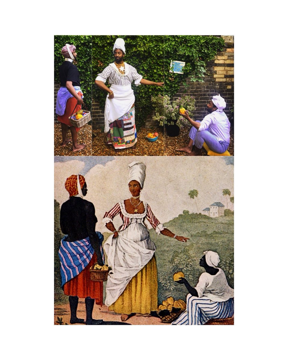 Agostino Brunias: The Barbados Mulatto Girl (1779). The mixed-race subject commands a scene exploring the elaborate hierarchies in the English West Indies. Reworked with granny’s patchwork and Caribbean map. Rediscovering  #blackportraiture through  #gettymuseumchallenge.
