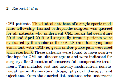 Patients (n=81) were (retrospectively) recruited from a database where all underwent "CMI repair". I.e. all included patients were "CMI" diagnosed patients and thus probably had 3 or more positive physical exam findings according to the presented algorithm. 5/n
