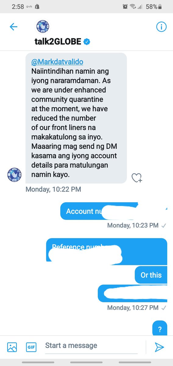 Markdatvalido's tweet photo. @talk2GLOBE @enjoyGLOBE  nag message ba kayo para masabi lang na responsive? Kahit sa facebook ganito din ginawa nyo. Ayusin nyo na ung bill please para makapag bayad na ako. Pag ako talaga napatulan https://t.co/55id9g8uMO