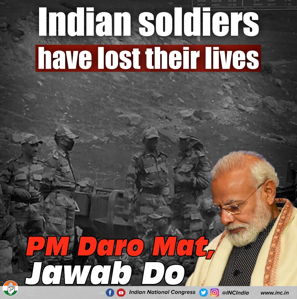 INCIndia's tweet photo. Dear Prime Minister, 

It is your duty to be honest with Indian citizens. Tell us how our soldiers were martyred, tell us why you allowed Chinese forces to occupy our land &amp; tell us how you will resolve this troubling situation.

#PMDaroMatJawabDo https://t.co/0GSJroP9Da