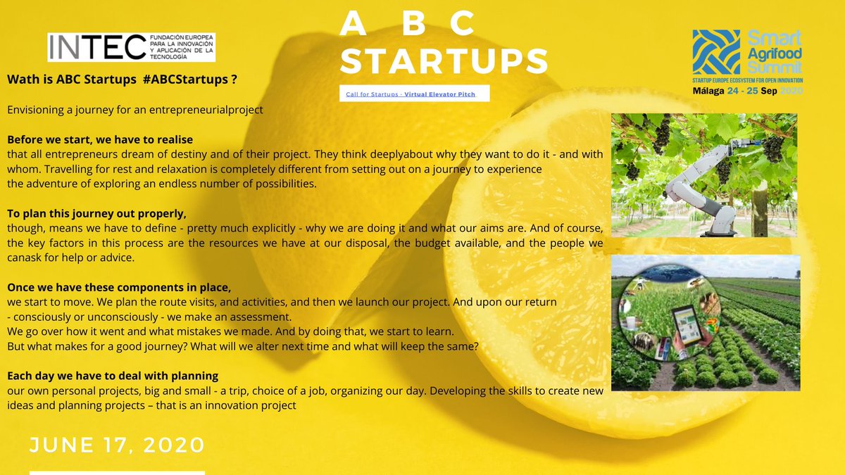 Juanfradelgado's tweet photo. 🎥📺 📱#TODAY!!! Invitación #ABCStartups Seleccionadas 18 Startups de la cadena #agroalimentaria 📱📺🎥 Selected 18 #Startups most disrupting from agrifood industry - #AgrifoodBeatsCoronavirus #SmartagrifoodSummit2020 https://t.co/Xh0xmlwggh https://t.co/49pLBVoGhD