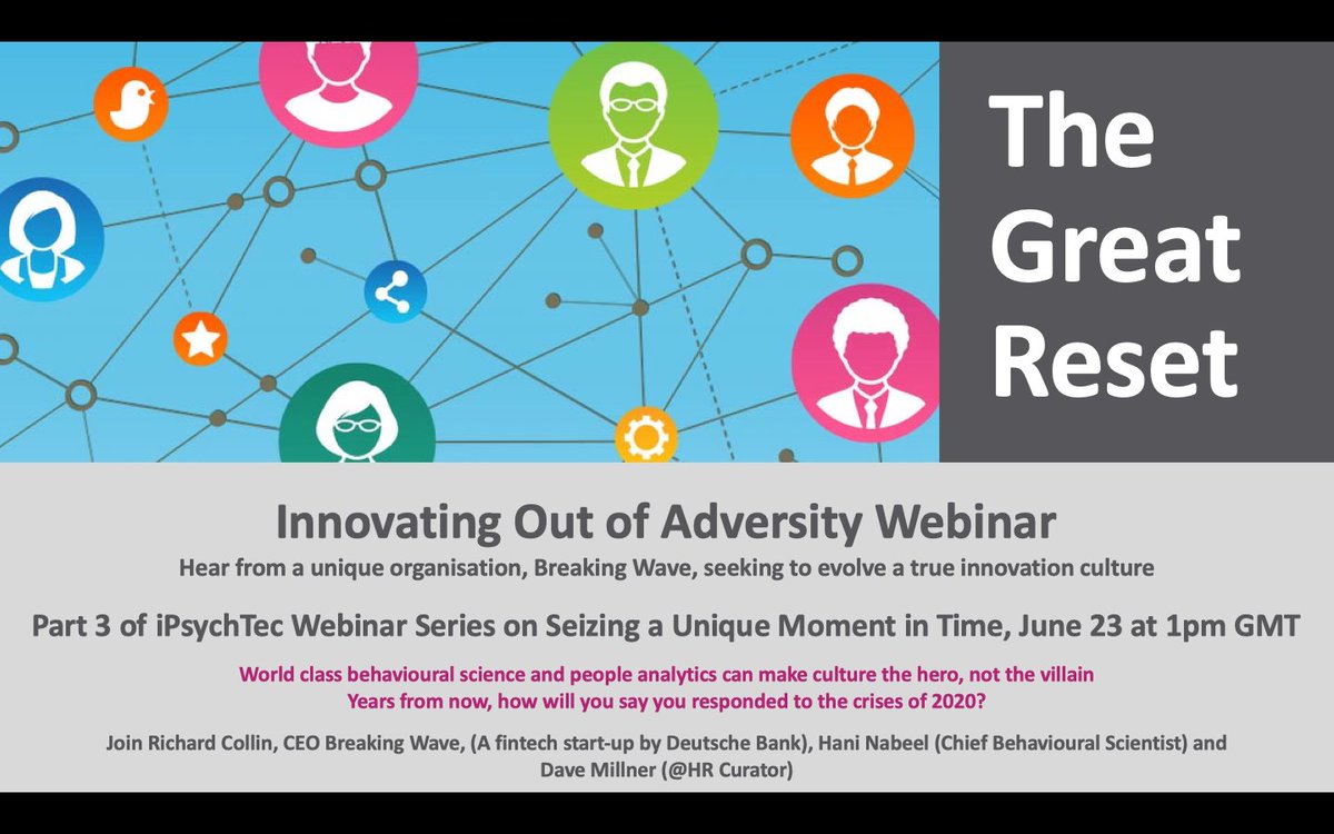 HRCurator's tweet photo. Innovating Out of Adversity: Part 3 of @iPsychTec Webinar Series on June 23, 1pm GMT. Join Richard Collin, CEO Breaking Wave talk with @Nabeel_Hani &amp; @HRCurator about creating a true #innovation #culture! Register here: https://t.co/I3J4NVrMg3 #OrgDev #HR #HCM #PeopleAnalytics https://t.co/uYAtx2rinT