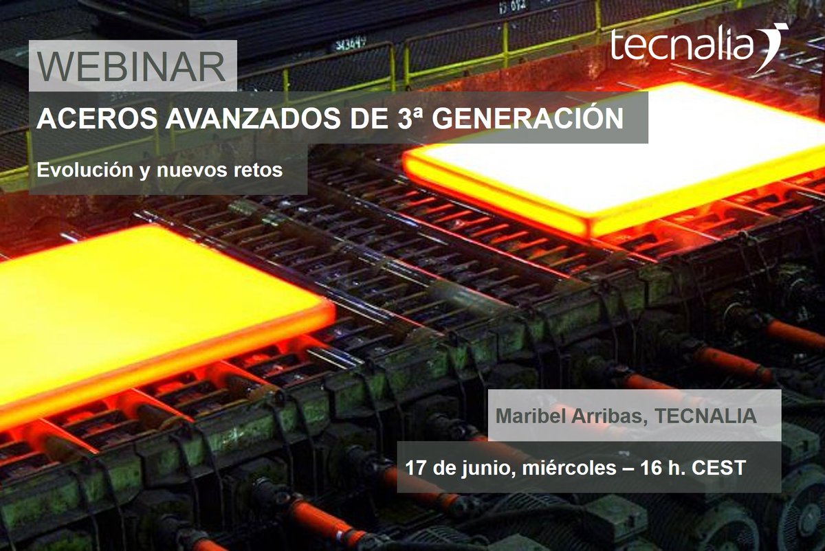 #TECNALIALive #Webinar 
#Aceros avanzados de 3ª generación: evolución y nuevos retos
⏳HOY a las 16.00 horas
IMPARTE
🗣 Maribel Arribas-Licenciada en #CienciasQuímicas por la <a href="/upvehu/">UPV/EHU</a> 
¡Contamos contigo!
💪#EsteVirusLoParamosUnidos
bit.ly/3e81xyQ