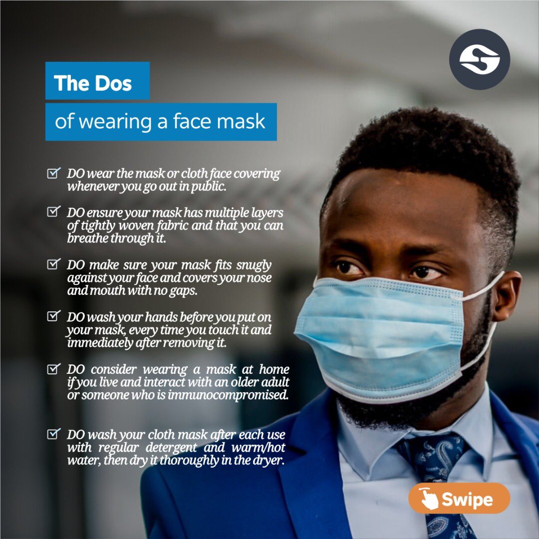 creditdirectltd's tweet photo. The wearing of face masks has been made mandatory by healthcare experts during this global pandemic.
Here are the Dos and Donβts you should take note of.
Retweet and Share
#CDL #TakeResponsibility #EnablingPeaceOfMind #CDLcares #StaySafe #StayInformed https://t.co/YgepPcFqAe