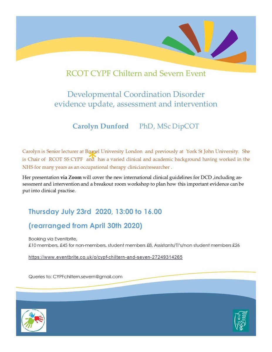 This great opportunity to hear Dr Carolyn Dunford talk about DCD has been rescheduled. It will be live on Zoom on Thursday July 23rd from 13.00 until 16.00.  Previous bookings are honoured. There are still spaces. Book via Eventbrite.
