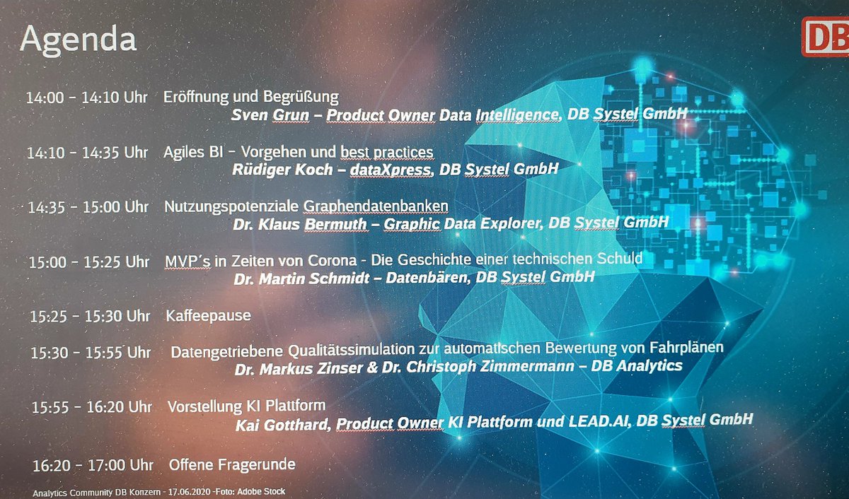 Heute findet der Vir(t)uelle Analytics Roundtable der DB AG statt. Wir haben wieder ein spannendes Programm für Euch vorbereitet und freuen uns auf Eure Teilnahme!