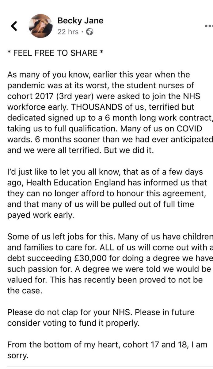 It appears as though the NHS student nurses who bravely stepped up, 6 months before graduating, to help staff the pandemic have now been hung out to dry.Surely their contracts haven’t been cancelled? Clarification needed ASAP please,  @NHSEmployers  @MattHancock  @NHS_HealthEdEng