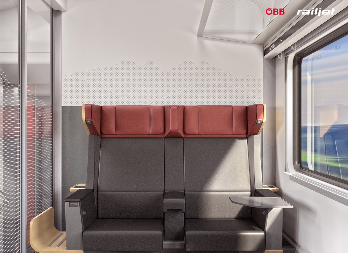Der  #ViaggioNextLevel macht als Railjet der Neuen Generation von  @unsereOEBB das Reisen in der 1. Klasse wirklich erstklassig: es gibt zB Echtholz und Leder - bei Theaterbestuhlung, 4-er Plätzen mit Tischen und Business Class Abteilen.  @SiemensMobility