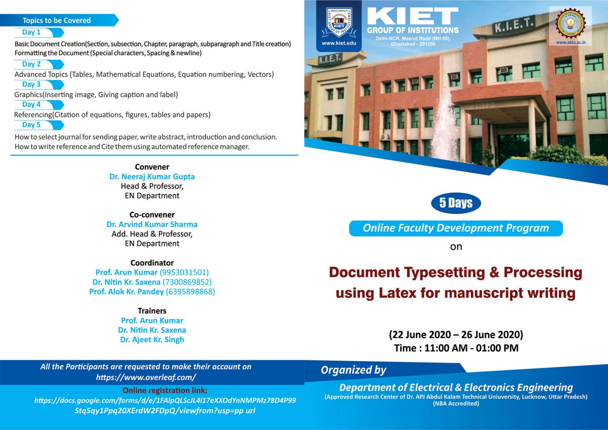 Kiet_edu's tweet image. An #Online #Faculty_Development_Program on the topic- 'Document Typesetting and Processing using #Latex for Manuscript Writing.' is going to be organized by the Department of #Electrical and #Electronics #Engineering from 22 June 2020- 26 June 2020.
Link- docs.google.com/forms/d/e/1FAI…