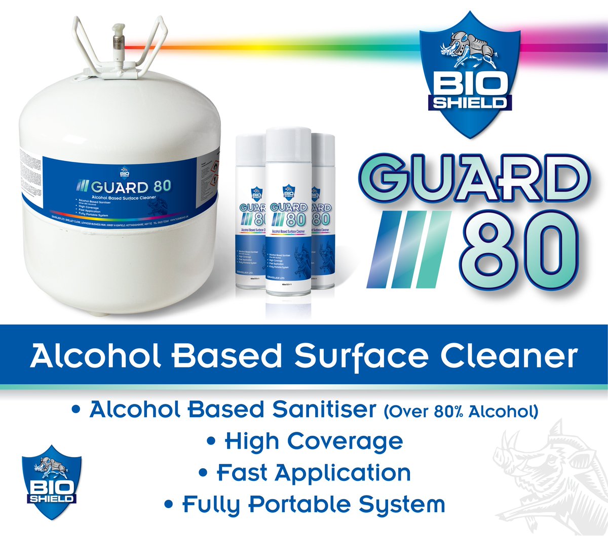 New Bio Shield Guard 80 Surface #Sanitiser...

✅ Available in handy aerosol or 22 litre canister for larger areas.

✅ Over 80% alcohol - kills bacteria &amp; viruses including strains of #Coronavirus.

✅ Leaves a fresh &amp; pleasant odour with no residue.

👉🏽 protrade.co.uk/?s=guard+80+sa…