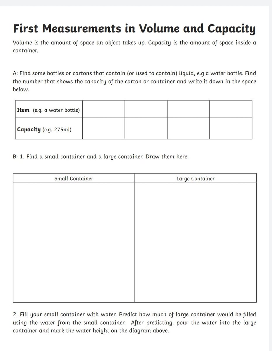 MissF_Borestone's tweet photo. This week we will look at measuring volume and capacity. It has been some time since we worked on this in class so you might need some guidance from someone at home. https://t.co/YccVAfaXBY