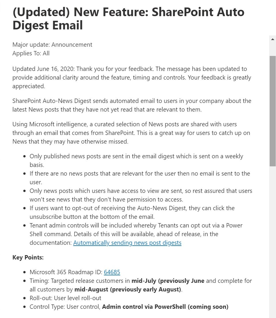 The #SharePoint news-digest feature will auto-send an email to users each week about the latest news posts that are relevant to them but have not viewed yet👍 Enabled by default, there will be a PowerShell cmdlt to disable if the feature is not required🥳 support.microsoft.com/en-us/office/a…