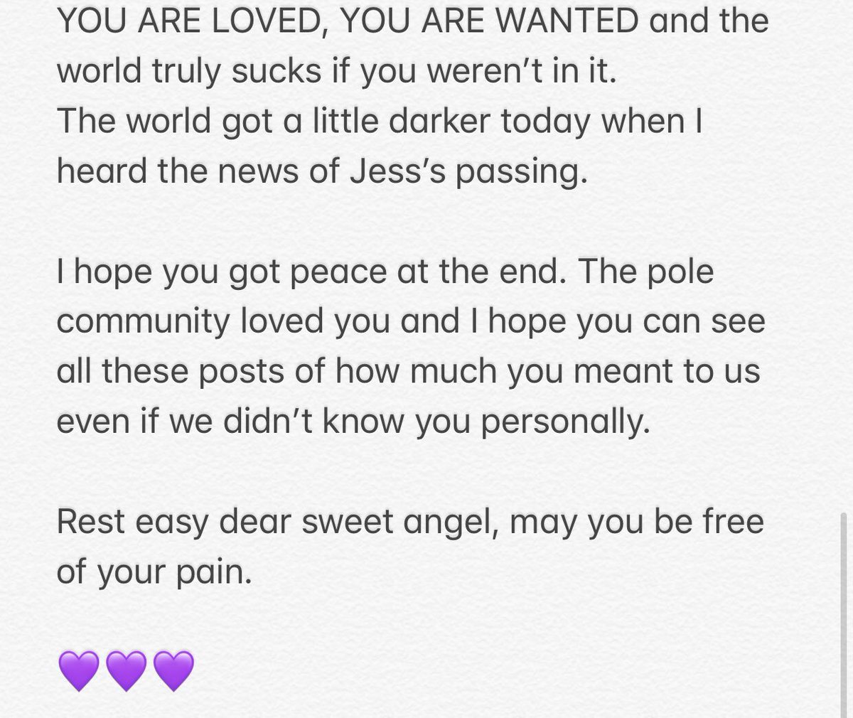 stonecld316babe's tweet image. Heaven gained an angel from our pole community yesterday. If the news is true, it’s absolutely heart breaking. 💔
Sending love to the pole community and her family and friends. #ripjess #ripjln #jlnpolefitness #pole