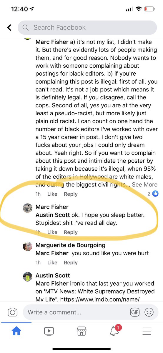 This is Marc Fisher! He doesn’t give “2 shits” about you guys blacklisting him b/c “you have no idea who” he is & he’s “working on stuff you can only dream about”. Nice IMDb! Yes it’s ironic Marc worked on “ @MTV’s White Supremacy Destroyed My Life” last year.