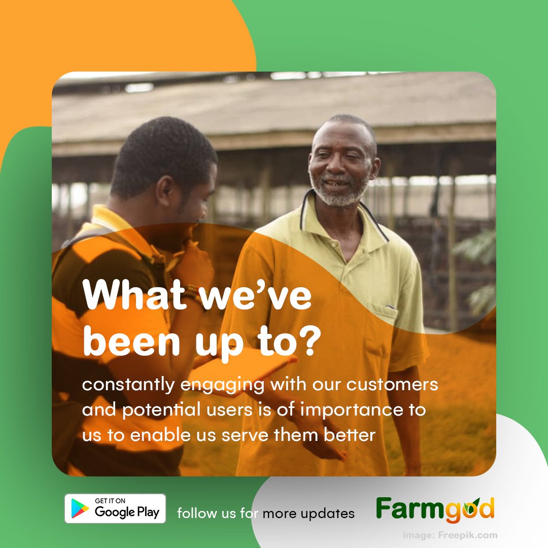 OfficialFarmgod's tweet photo. For us here at Farmgod, it is important that we constantly engage with our customers and potential users.
This enables us serve you better and put a smile on your face ๐
.
#Farmgod #FarmgodApp #Customer #CustomerSatisfaction #AgTech #Agriculture #Technology #App #PoultryFarm https://t.co/pI5PEL8Qqh
