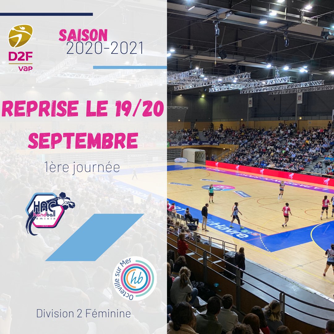 HacHandball's tweet photo. 💥 Le championnat de #D2F reprendra officiellement le week-end du 19/20 septembre.

➡️ Comme la saison passée, #LesFillesduHAC débuteront en mode derby à domicile face au @HB_Octeville ! 

@LBE_Officiel @LSAFofficiel @LH_LeHavre
#NousSommesLeHavre
#D2FVAP https://t.co/JPV1iZQFSf