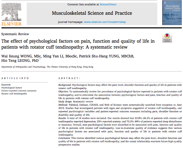 MSKPhysioJnl's tweet photo. The effect of psychological factors on pain, function and quality of life in patients with rotator cuff tendinopathy: A systematic review. Find link for complimentary access https://t.co/hIqMTTkmmi please RT #tendon #tendinopathy #MSK #shoulderpain https://t.co/TFGtN0iqSx