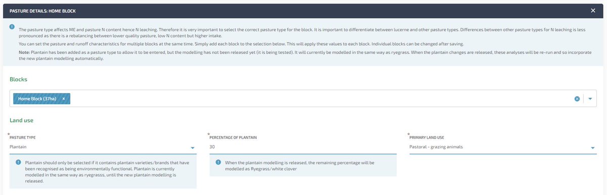 Plantain has been added as a pasture type in #OverseerFM  

Modelling of plantain is currently being tested and so is not yet included. 

If you enter Plantain it is currently modelled in the same way as ryegrass until the changes are available. 

#FRNL <a href="/DairyNZ/">DairyNZ</a> <a href="/NZBeefLamb/">Beef + Lamb New Zealand</a>