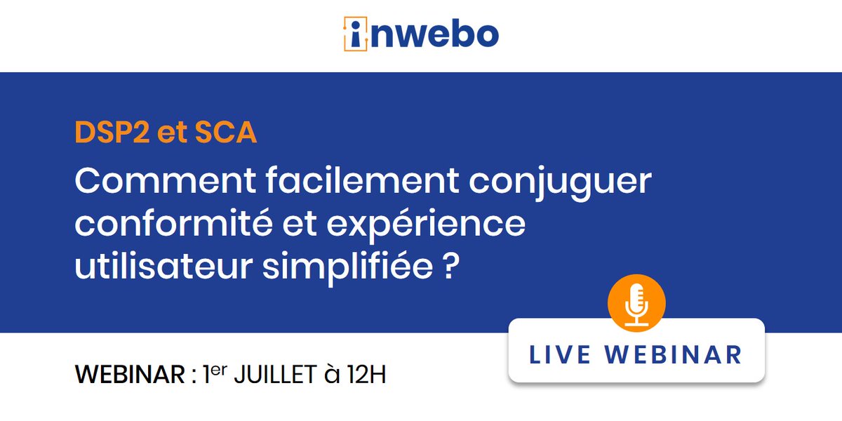 InWeboTech's tweet photo. 📅 [WEBINAR] Comment simplifier l'expérience utilisateur tout en se mettant en conformité avec la #DSP2 . Nos experts vous dévoileront nos recommandations dans un Live #Webinar le 1er juillet 👉 https://t.co/lkBBAtsXlr
#Banking #e-bank #CyberSecurity #SCA #DynamicLinking https://t.co/iPwqTjILn2