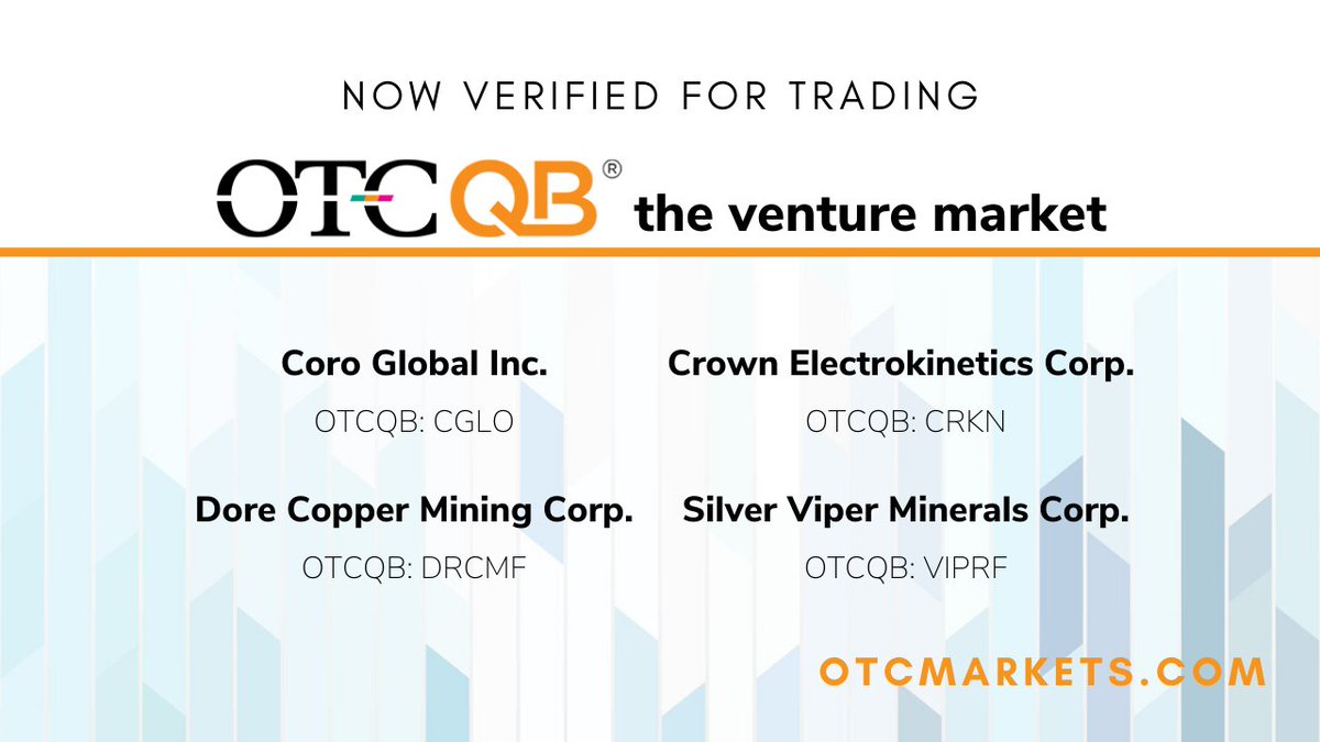 OTCMarkets's tweet photo. This week we welcome @CoroGlobal (OTCQB: $CGLO #CGLO), @CrownCRKN (OTCQB: $CRKN #CRKN), Dore Copper Mining Corp (TSX-V: $DCMC #DCMC; OTCQB: $DRCMF #DRCMF) & Silver Viper Minerals Corp. (TSX-V: $VIPR #VIPR; OTCQB: $VIPRF #VIPRF) to our #OTCQB Venture Market https://t.co/W78XERvDoU https://t.co/K4fOSDYFRz