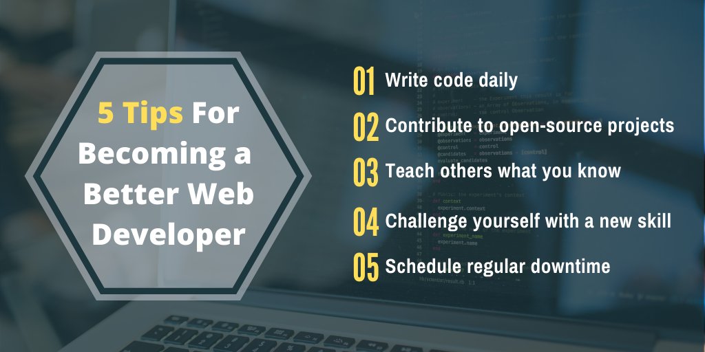 realkennethdev's tweet image. 5 tips for improving your skill as a #webdeveloper.
#codedaily #opensourceprojects #teach #challenge #schedule