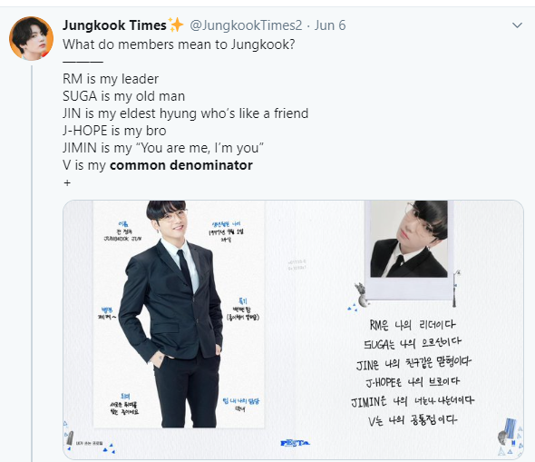 "v hyung is my common denominator (safe ground/safe place/commonality) if you don't understand the interpretation of the translation, it's not my fault. u should go back to school.