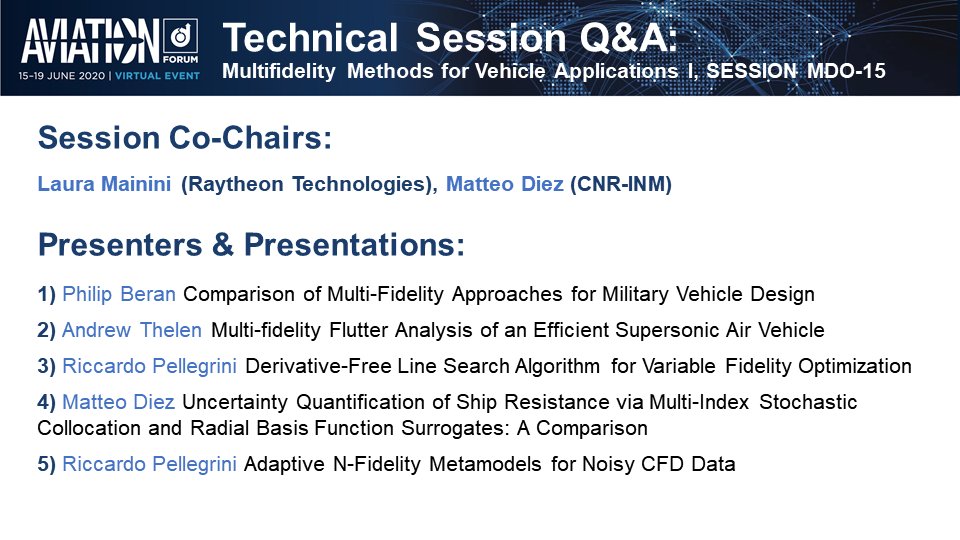 mattediez's tweet photo. Honored to co-chair with Dr. Laura Mainini (UTRC) the first special session on #multifidelity methods for air and sea vehicle applications at #AiaaAviation. Q&amp;A virtual session will take place today 2:00PM-3:00PM EDT at https://t.co/SXyIR6guo5

@InmCnr https://t.co/GfVUdSF9GM