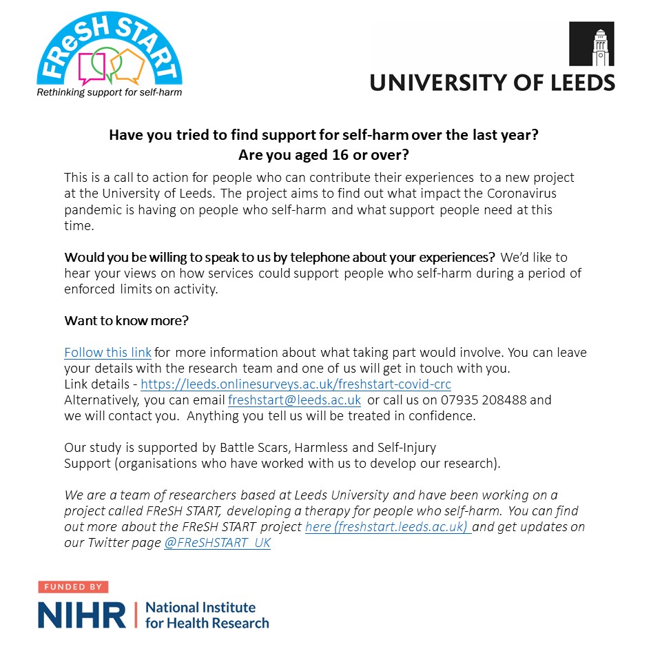 Have you tried to find support for #selfharm in #lockdown? We'd like to hear about your experiences and get your views on how best to deliver #support. Register here to speak to one of our researchers - bit.ly/3hEsHiU #mentalhealthresearch #mentalhealthmatters #COVID19