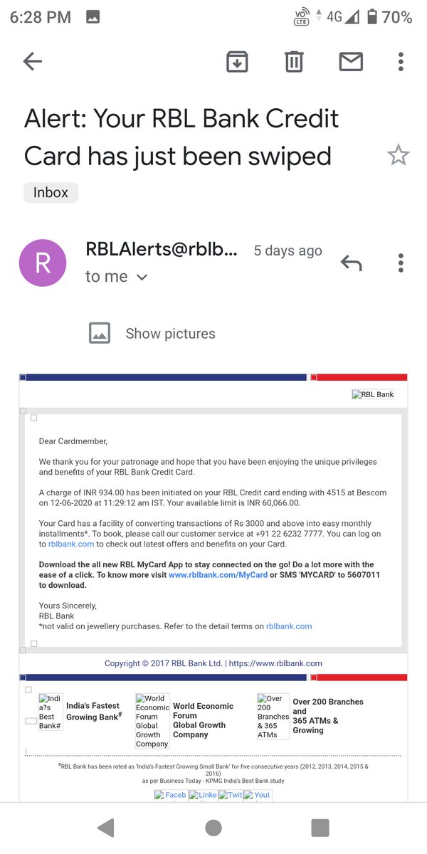 sateeshnashi's tweet image. @rblbank @RBLBankCares I never applied for ur credit card, still I am getting emails with CC transaction. Looks like a fraud, take appropriate action. Tried calling CustCare num, it was always busy. But for reference sent emails to ur bank.
