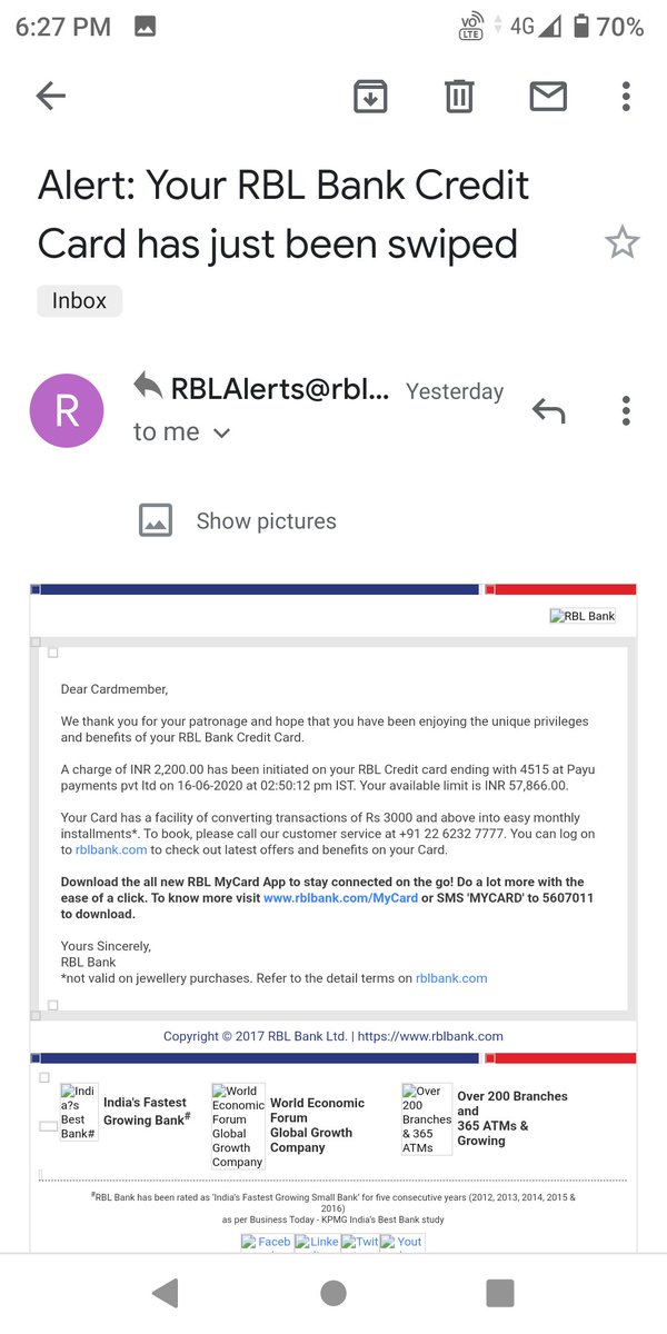 sateeshnashi's tweet image. @rblbank @RBLBankCares I never applied for ur credit card, still I am getting emails with CC transaction. Looks like a fraud, take appropriate action. Tried calling CustCare num, it was always busy. But for reference sent emails to ur bank.