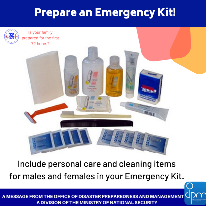 ODPM_TT's tweet photo. Next on the list is your hygiene kit. Remember, even during a disaster your personal hygiene is important. Be sure to include personal care and cleaning items for both males and females in your emergency kit. #Emergencykitchallenge #hygienekit #Beready #ODPMTT https://t.co/950kDIPPuo