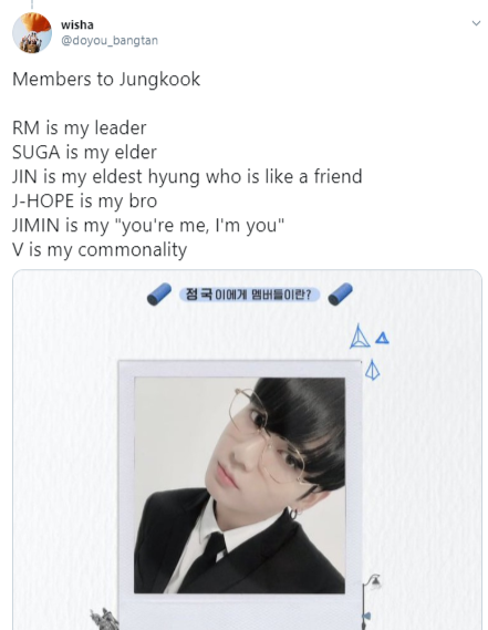 "v hyung is my common denominator (safe ground/safe place/commonality) if you don't understand the interpretation of the translation, it's not my fault. u should go back to school.