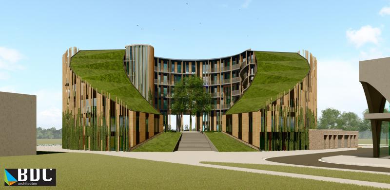 Nieuw recent ontwerp>>
+ Bijzonder energieconcept gebaseerd op ondergrondse waterstromen en een gezond ventilatiesysteem
+ Duurzaam samenleven dankzij sociale cohesie in een groen middenplein
+ Circulair geprefabriceerd HSB hoogbouwconcept met begroeide gevel