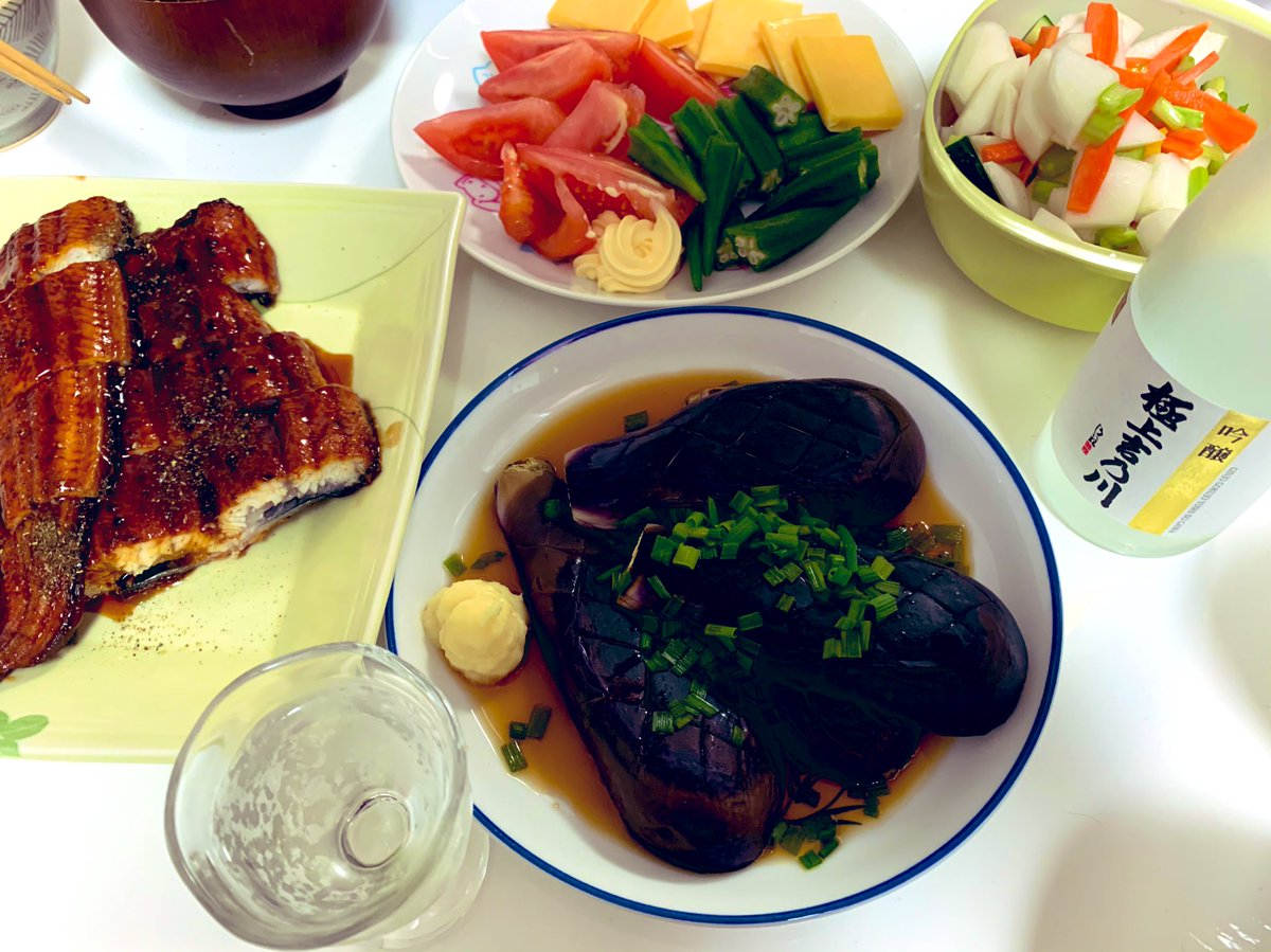 連日暑いので、元気になるための、ウナギと夏野菜と極上吉乃川。