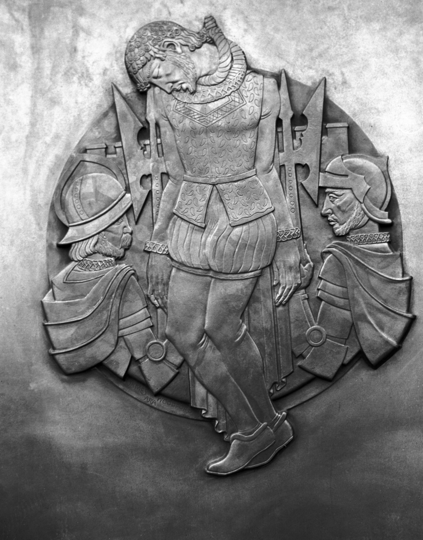 The most moving depiction is of Robert Kett, shown here: a languid figure, hanged, with a noose still around his neck