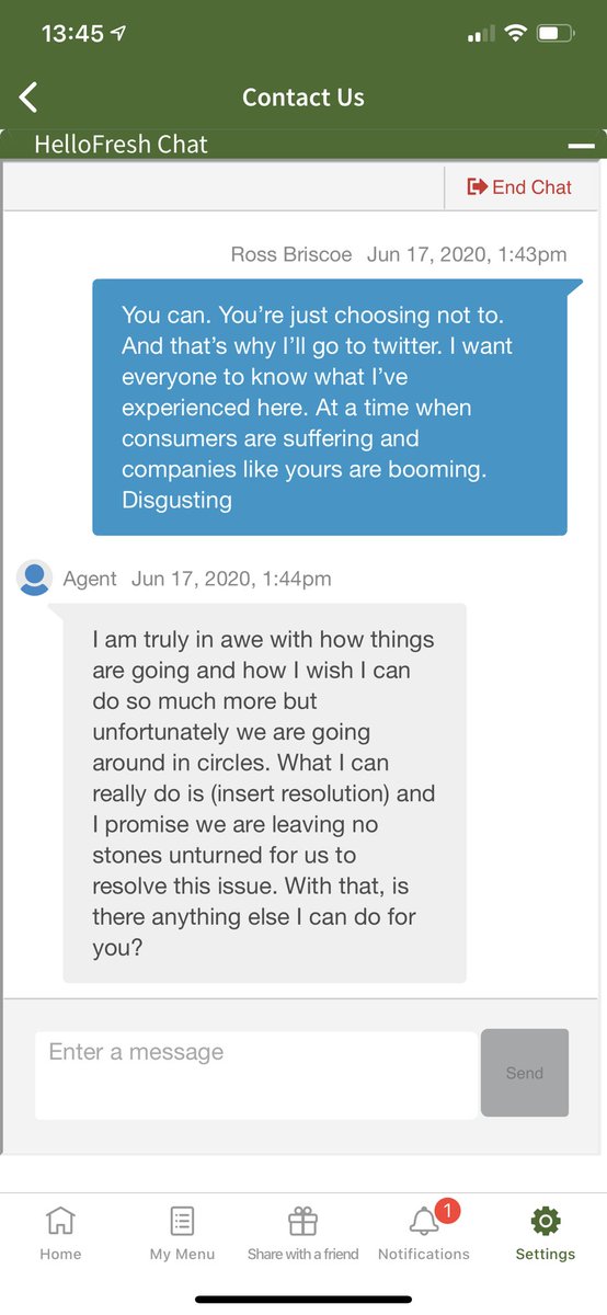 rbjnr10's tweet photo. @HelloFreshUK This is a response I got. This isn’t ok. Doesn’t make sense, didn’t even take the time to overtype the (insert resolution) part. Then they exited the chat so I didn’t even get a chance to respond to this. Unreal. Hello Fresh DON’T care about their customers at all. https://t.co/xsluQHmV0Q