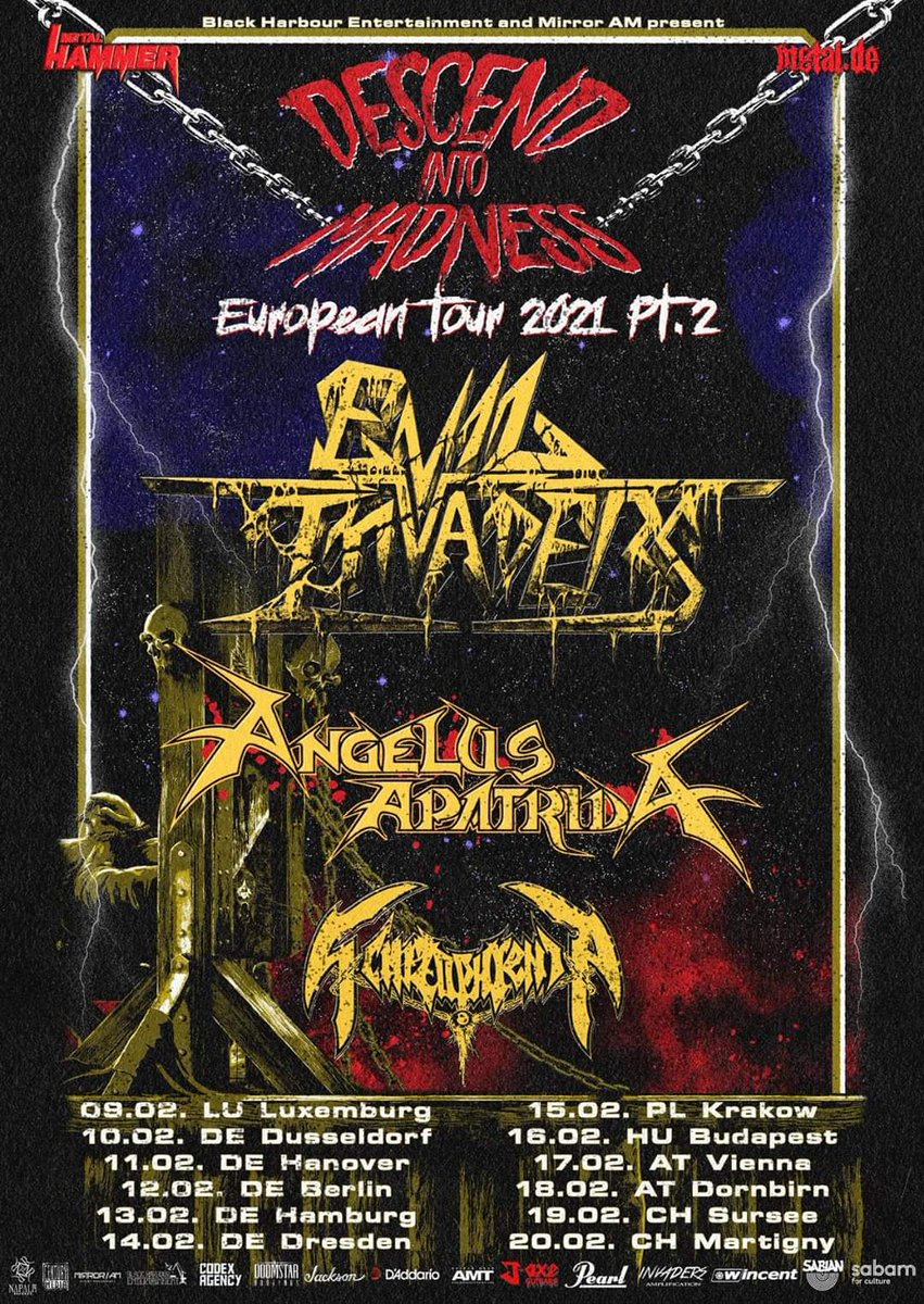 SCHIZOPHRENIA (@schizodeathrash) on Twitter photo We're thrilled to announce that we'll descend into chaos again with <a href="/EvilInvadersBE/">Evil Invaders</a> and <a href="/AngelusApatrida/">Angelus Apatrida</a> in February 2021! Germany, Austria, Switzerland, Luxembourg, Hungary, and Poland, see you there!
🔥Tickets: tinyurl.com/y8ppu5le
#Schizophreniaband #Tour #thrashmetal We're thrilled to announce that we'll descend into chaos again with <a href="/EvilInvadersBE/">Evil Invaders</a> and <a href="/AngelusApatrida/">Angelus Apatrida</a> in February 2021! Germany, Austria, Switzerland, Luxembourg, Hungary, and Poland, see you there!
🔥Tickets: tinyurl.com/y8ppu5le
#Schizophreniaband #Tour #thrashmetal