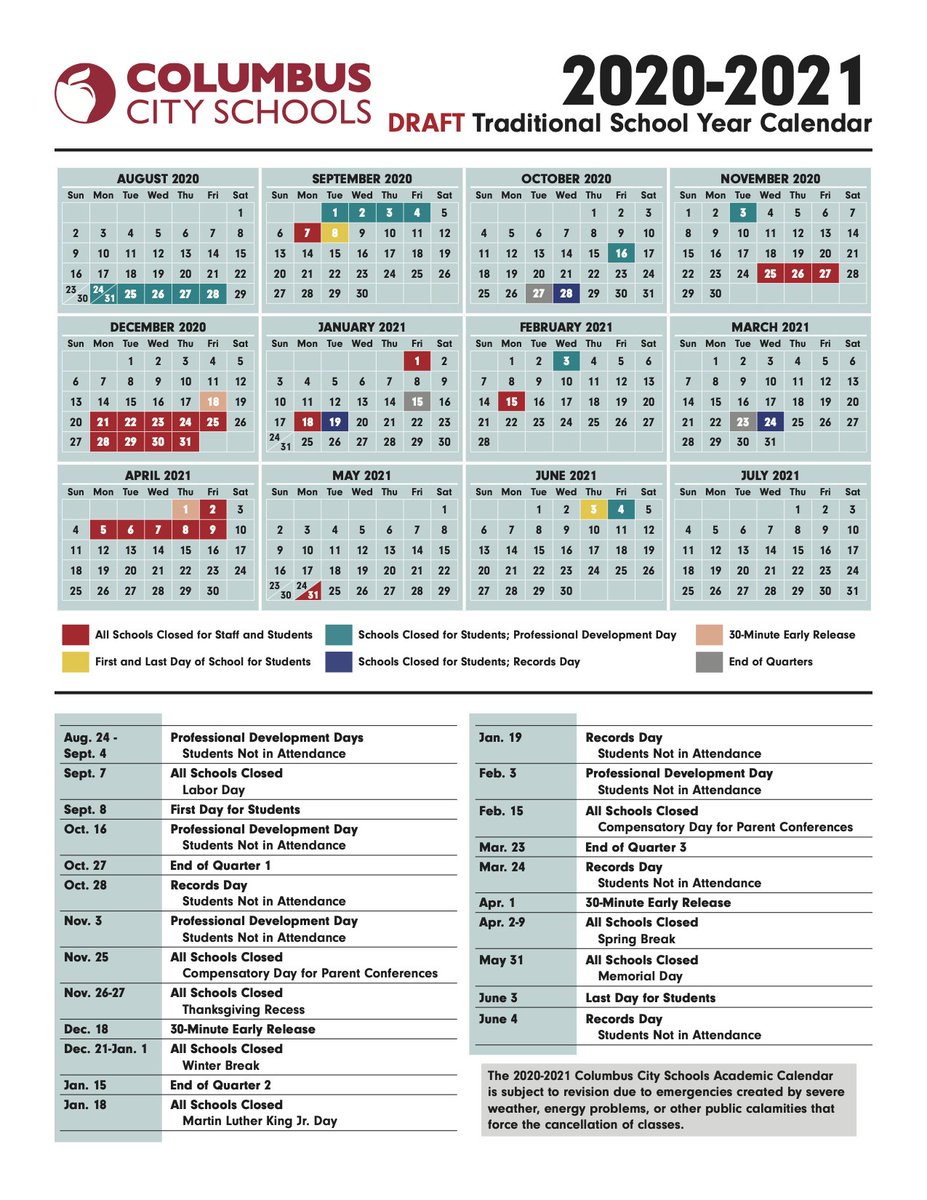 columbus city schools calendar 2021 Columbus City Schools On Twitter In Preparation To Reopen School Buildings In The Fall Ccs Proposed Amended Academic Calendars For The 2020 2021 School Year On Tuesday The Board Of Education Will Vote columbus city schools calendar 2021