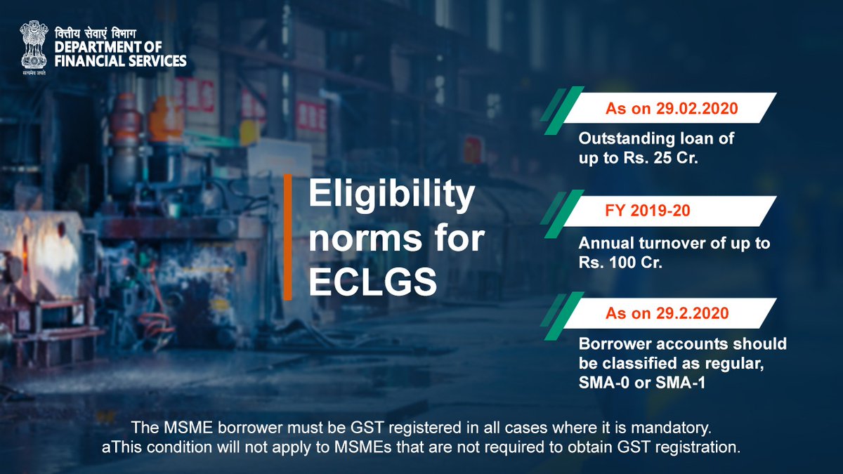 DFS_India's tweet photo. The Emergency Credit Line Guarantee Scheme provides 100% Collateral free guarantee free loan to MSMEs under #AatmnirbharBharatPackage. Eligible MSMEs can contact their bank branch to apply. More info: https://t.co/amu8PLmyTN
#ECLGS #MSMEs #AatmnirbharBharat https://t.co/iVUyD19HvV