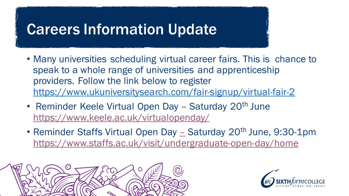 SFC Careers & Progression Team (@sot6fc_careers) on Twitter photo Remember <a href="/SOT6FC/">The City of Stoke-on-Trent Sixth Form College</a> students - MySFC has lots of useful resources to help you make your progression decisions. On Saturday 20th June both @StaffsUni & <a href="/KeeleUniversity/">Keele University 🐿️</a> are holding virtual Open Days. Visit their websites to register 📲💻 Remember <a href="/SOT6FC/">The City of Stoke-on-Trent Sixth Form College</a> students - MySFC has lots of useful resources to help you make your progression decisions. On Saturday 20th June both @StaffsUni & <a href="/KeeleUniversity/">Keele University 🐿️</a> are holding virtual Open Days. Visit their websites to register 📲💻