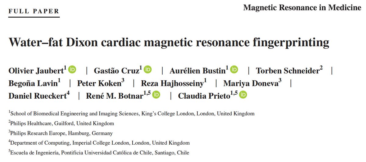 June MRM Editor's Pick #3: "Water/fat Dixon Cardiac Magnetic Resonance Fingerprinting", by <a href="/olivier_jaubert/">Olivier Jaubert</a> et al. from <a href="/KingsImaging/">Biomedical Engineering & Imaging Sciences</a>. onlinelibrary.wiley.com/doi/full/10.10…