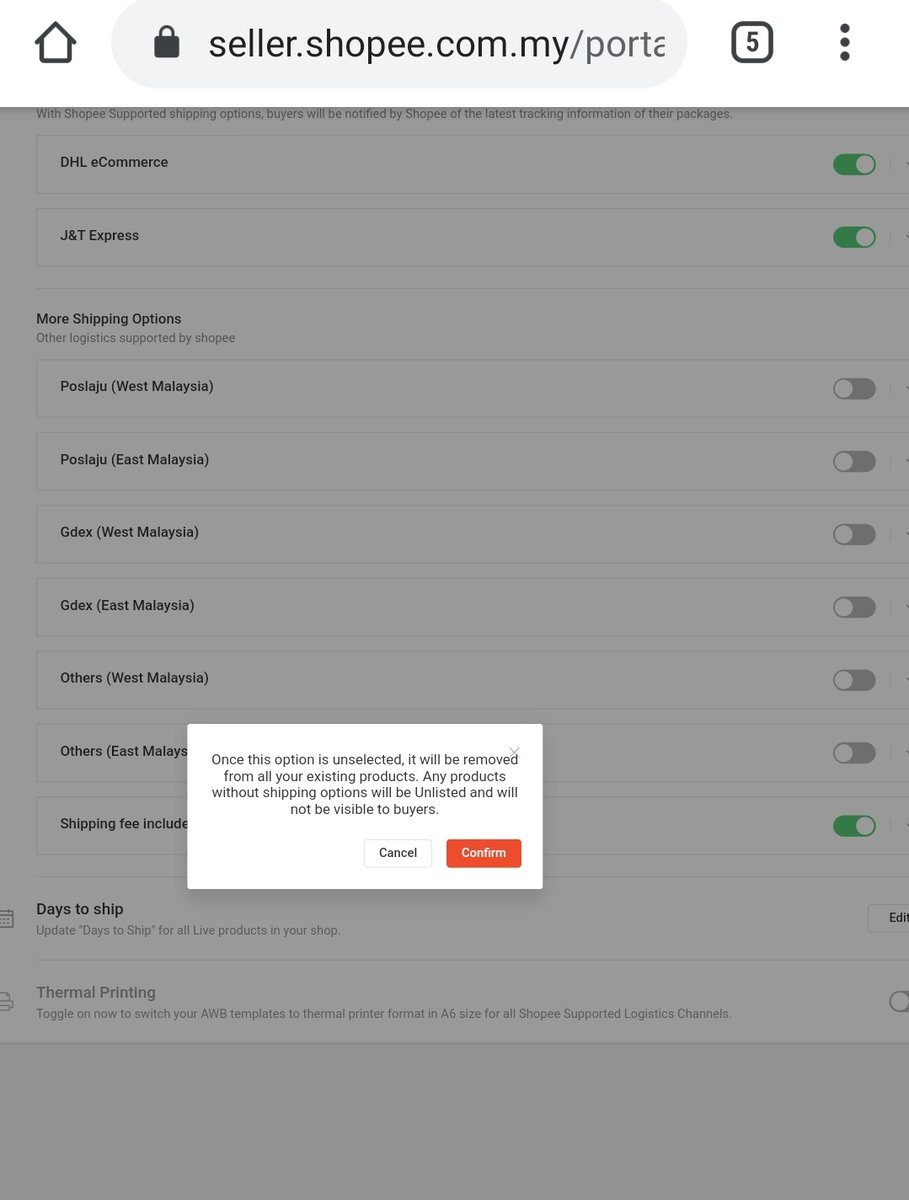5. Kat sini, by default memang dah on utk J&T dan DHL.Pastu default jugak 'Shipping Fee Included'. Tolong off yang ni. Kalau x, nanti korang yang kena tanggung kos penghantaran.J&T DHL tu kalau nak biar pun boleh. Tak ganggu punYang penting ON Others (West/East)