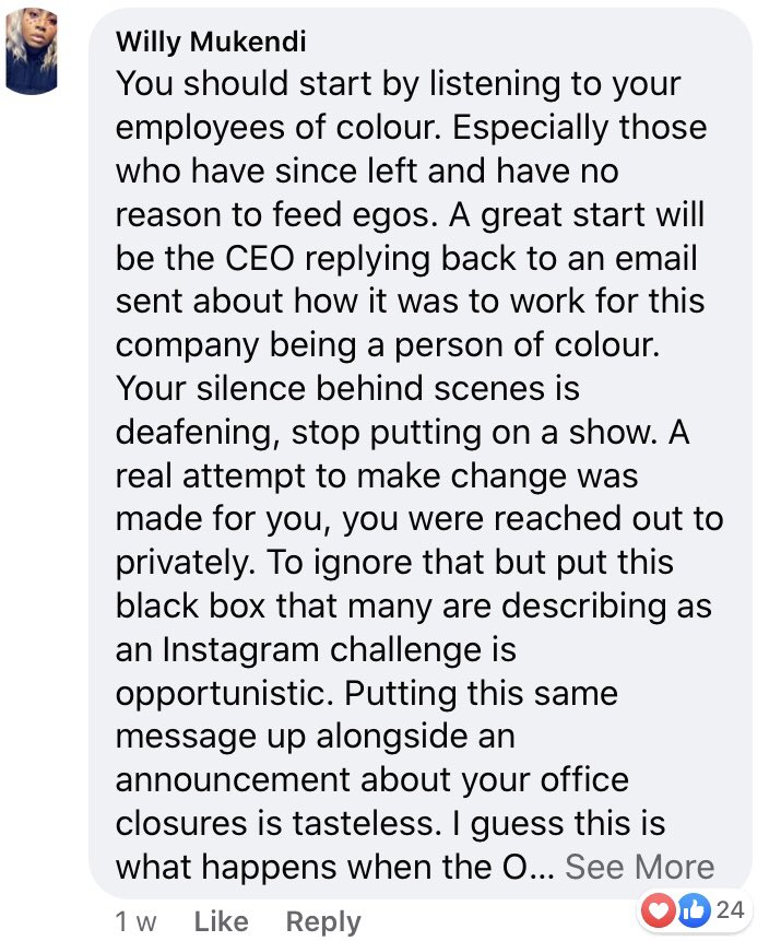 I was so fuming then I commented on their profile and they even ignored that. That’s why I didn’t give a Fuck about that black box. Black lives only matter to some companies when it looks good. But behind closed doors they’ll do everything to prove otherwise.