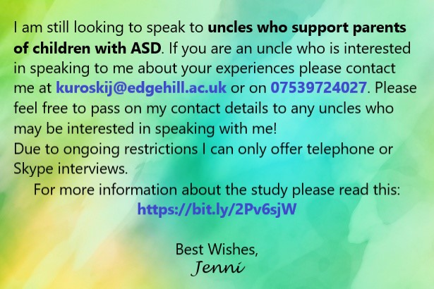 Are you an uncle who supports parents of children with Autism Spectrum Disorder (#ASD)? We need your help! For more information about this study bit.ly/2Pv6sjW or contact Jenni kuroskij@edgehill.ac.uk 07539724027 #callforparticipants #researchrecruitment #Autism