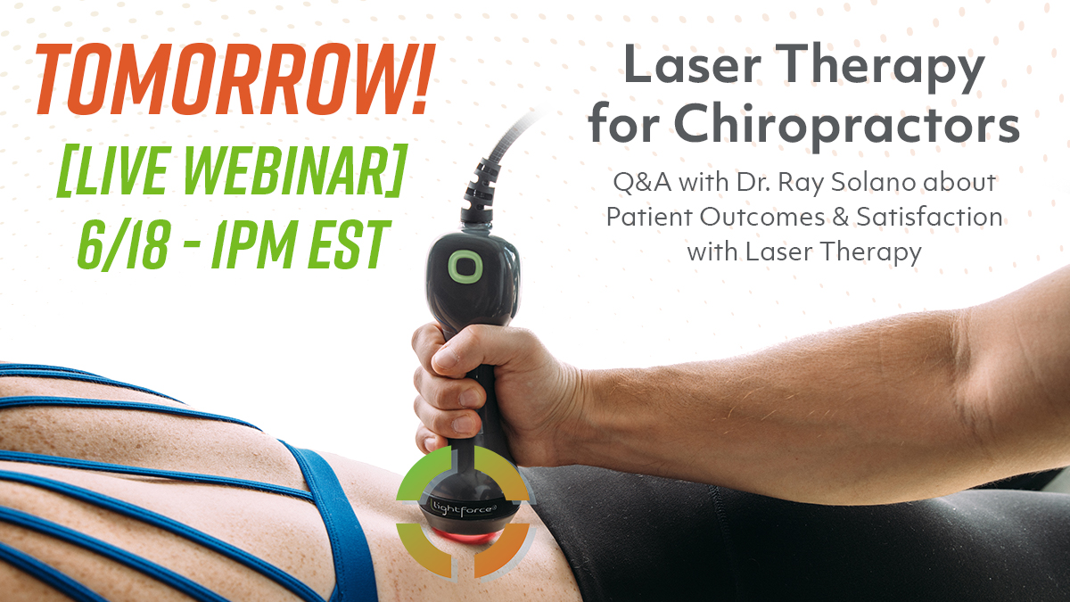 TOMORROW! Don't forget to register for our webinar at 1pm EST. <a href="/DrRaySolano/">Dr. Ray Solano</a>, owner of <a href="/SolanoSpine/">Solano Spine & Sport</a>, joins in to discuss the difference seen in patient satisfaction when treating with the laser- bit.ly/3fhCJod. #LaserTherapy #Photobiomodulation #Chiropractic