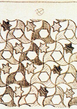 Moorish tessellations including this one at the Alhambra inspired Escher's work with tilings of the plane. He made sketches of this and other Alhambra patterns in 1936.