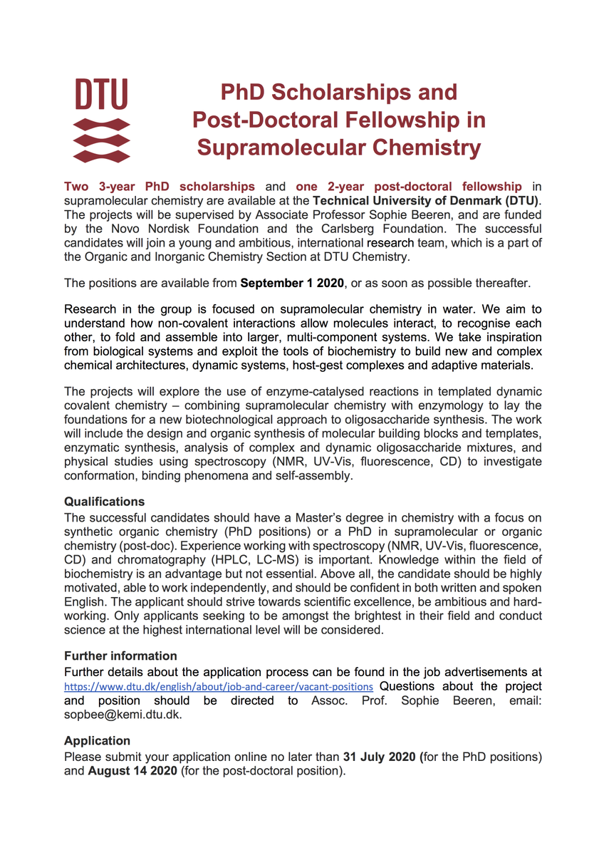 Two PhD Scholarships and one Post-Doctoral Position available in Supramolecular Chemistry from September 2020. @BeerenLab @ChemistryDtu @DTUtweet
