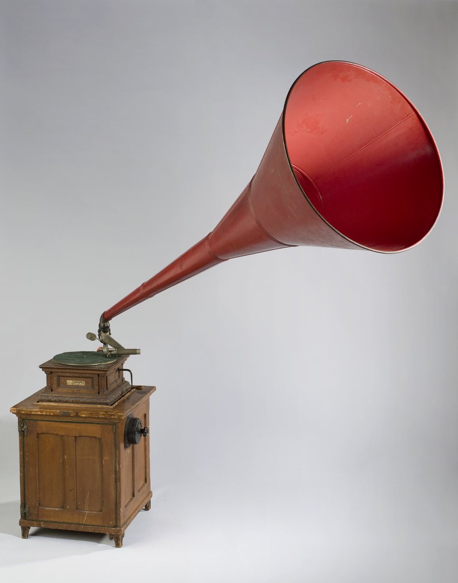 This auxetophone, from around 1905, uses compressed air (and a big horn) to amplify the sound of an acoustic gramophone. Prior to electrical amplification in the 1920s, this was how you played your records loud enough for a party 